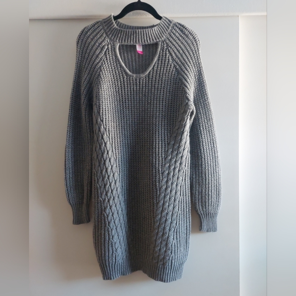 Vintage 90s Y2K Cable knit Sweater dress New Gray Bohemian L Retro